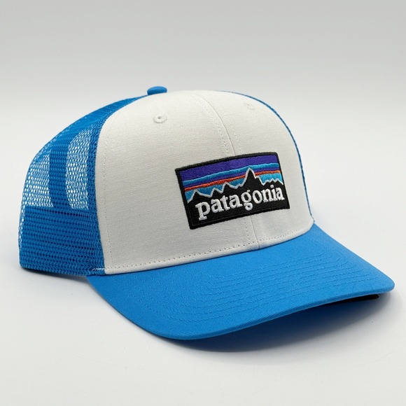 Patagonia P-6 Logo Trucker Hat Snapback Mesh Adjustable White Vessel Blue Cap - Picture 1 of 7